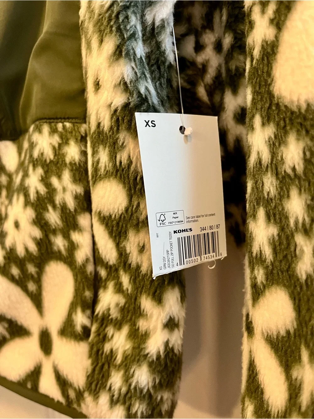 SO Full Zip Teddy Fleece Jacket - Green Floral- Juniors XS - NEW With Tag